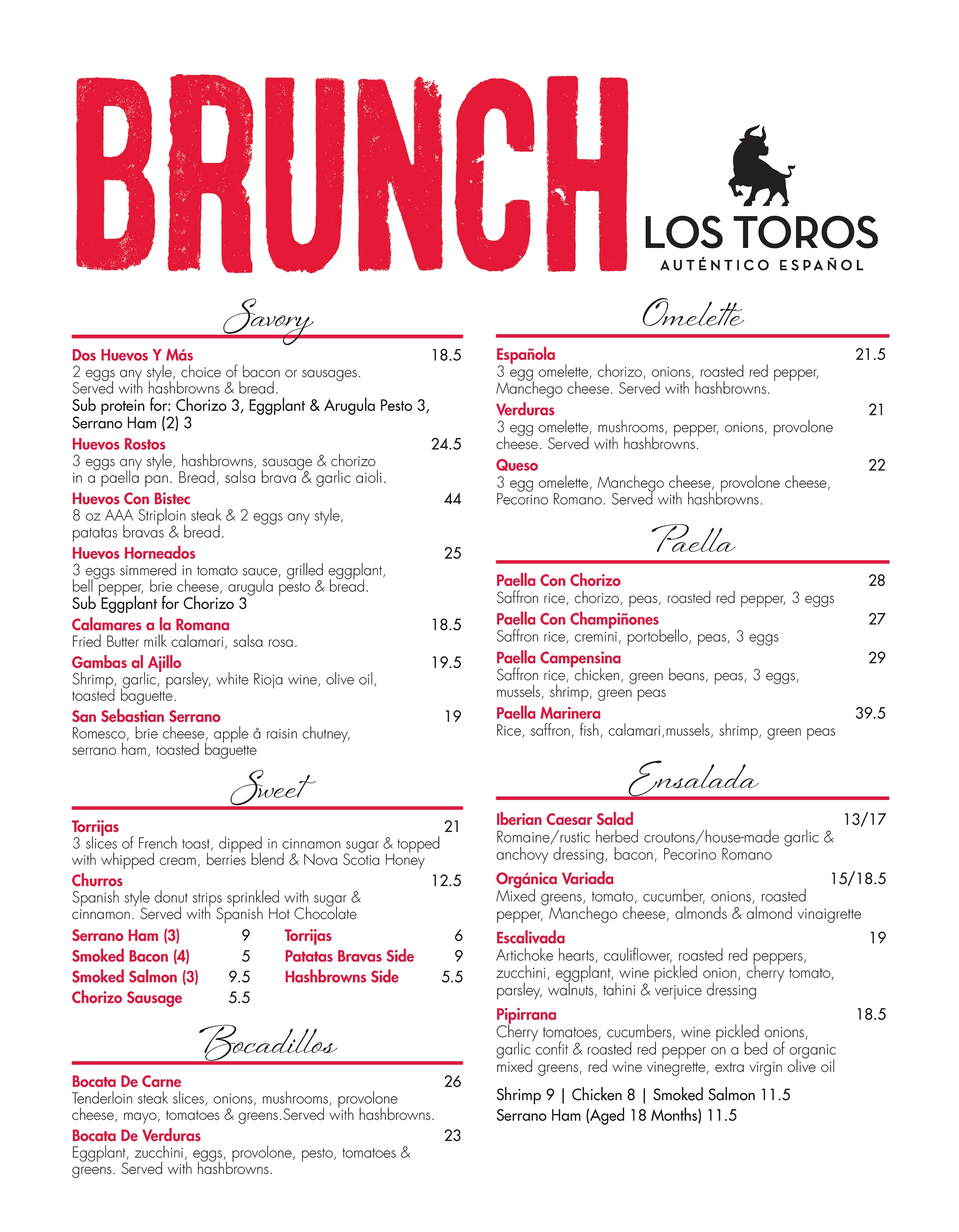 Los-toros Brunch Menu Page 1