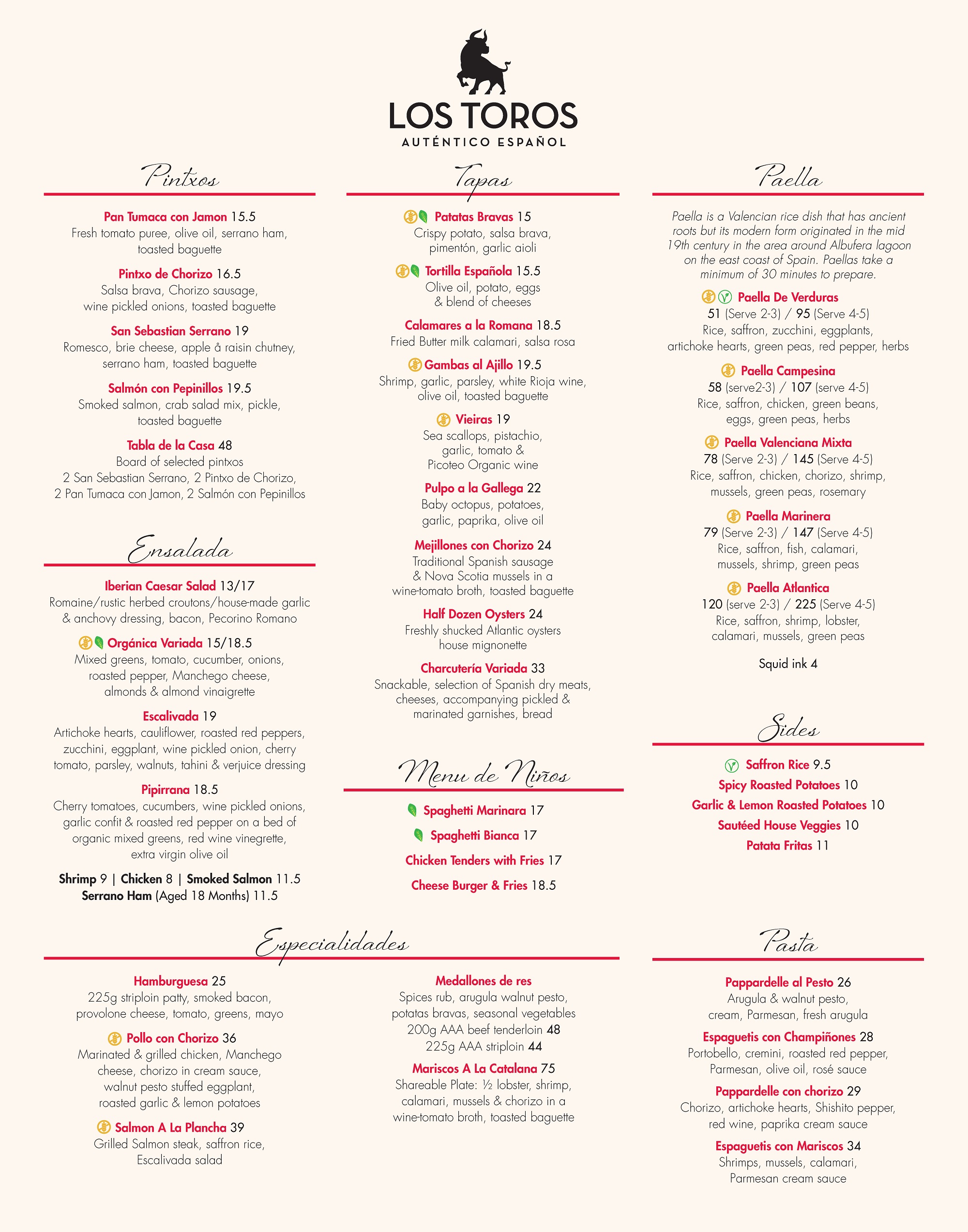 Los-toros Dinner Menu